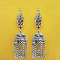 Jeweljunk Oxidised Plated Maroon Stone Chain Jhumki Earrings