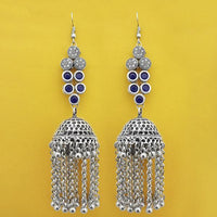Jeweljunk Oxidised Plated Blue Stone Jhumki Earrings