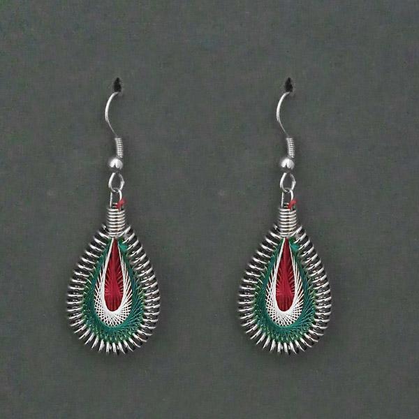 Tip Top Fashions Rhodium Plated Green White Thread Dangler Earrings - 1316101P