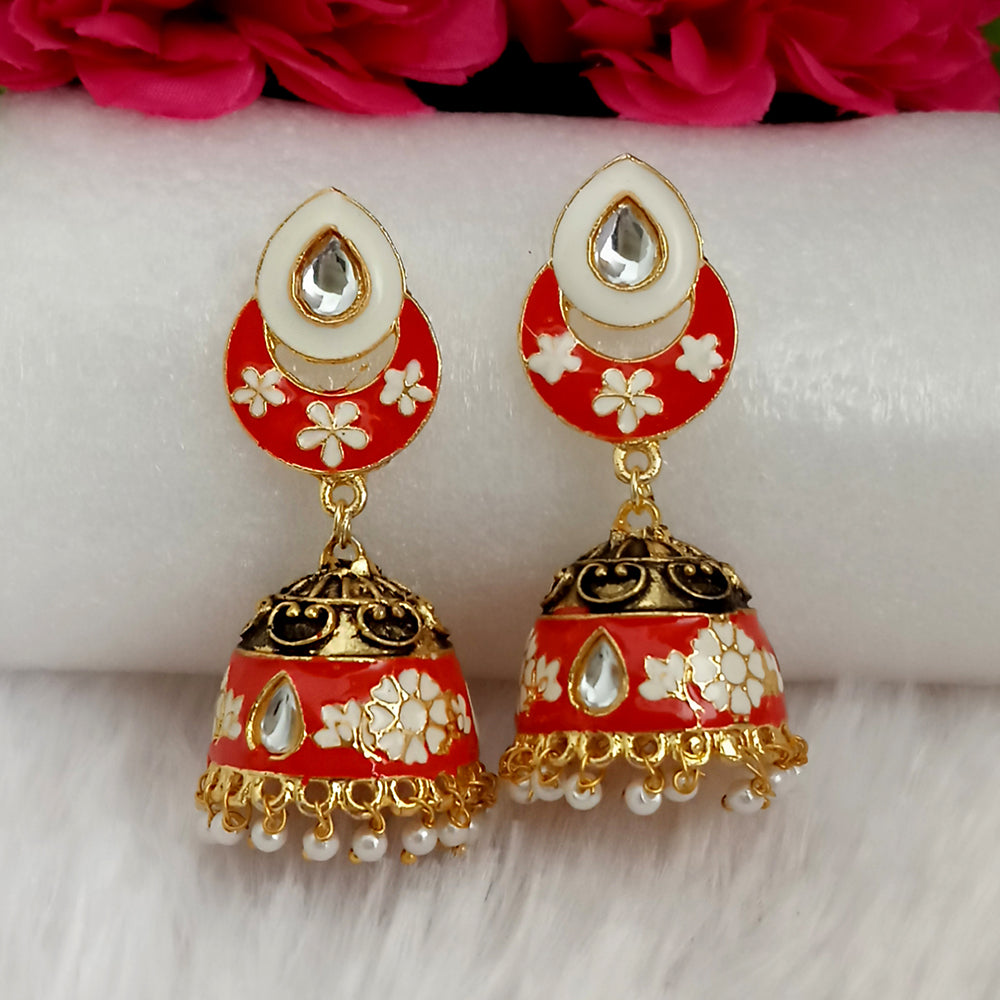 Kriaa Red Meenakari Kundan And Pearl Jhumka Earrings