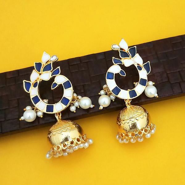 Kriaa Blue And White Meenakari Pearl Jhumka Earrings