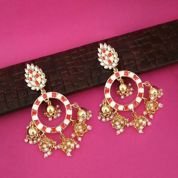Kriaa Gold Plated Red Kundan Dangler Jhumki Earrings - 1316322C