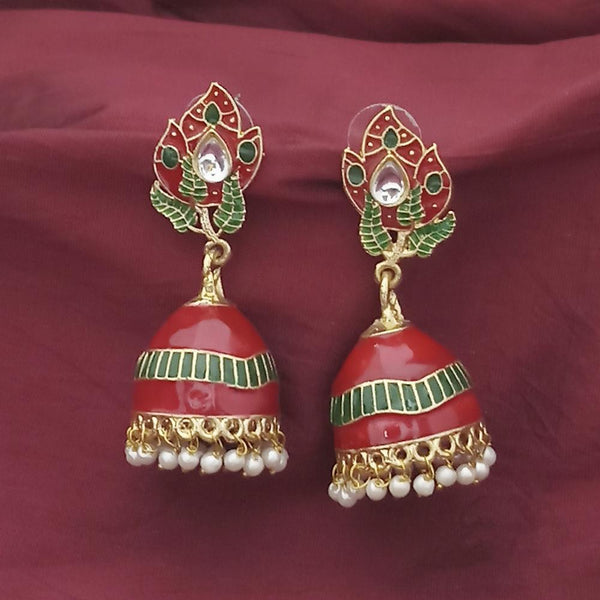 Kriaa Gold Plated Red Meenakari And Kundan Jhumki Earrings - 1316366A