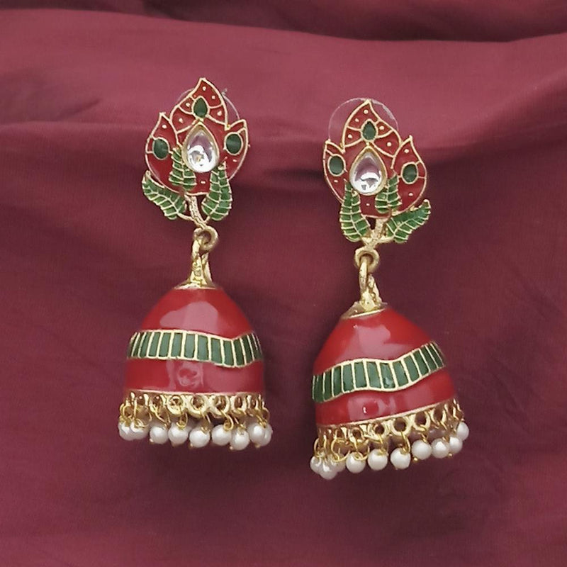 Kriaa Gold Plated Red Meenakari And Kundan Jhumki Earrings - 1316366A