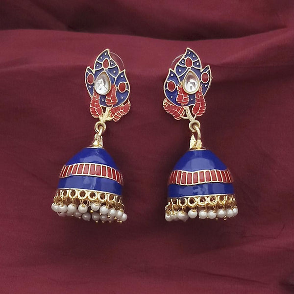 Kriaa Gold Plated Blue Meenakari And Kundan Jhumki Earrings - 1316366B