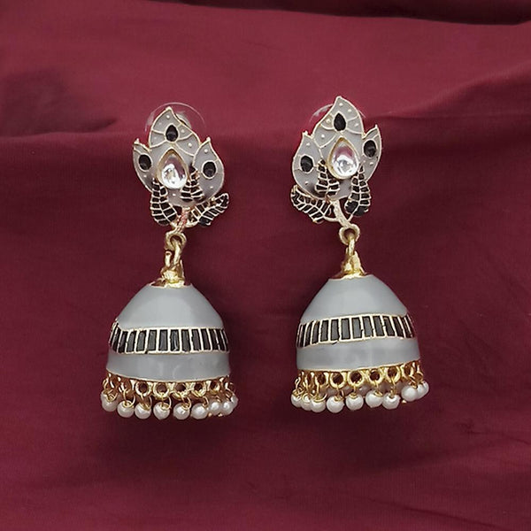 Kriaa Gold Plated Grey Meenakari And Kundan Jhumki Earrings - 1316366C