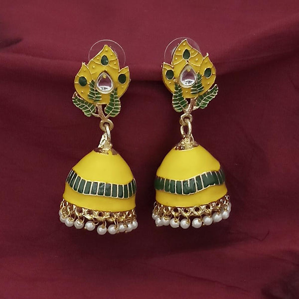 Kriaa Gold Plated Yellow Meenakari And Kundan Jhumki Earrings - 1316366E