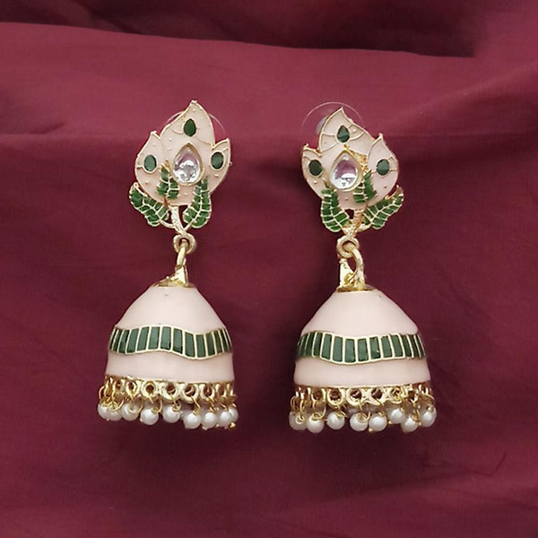 Kriaa Gold Plated Peach Meenakari And Kundan Jhumki Earrings - 1316366F