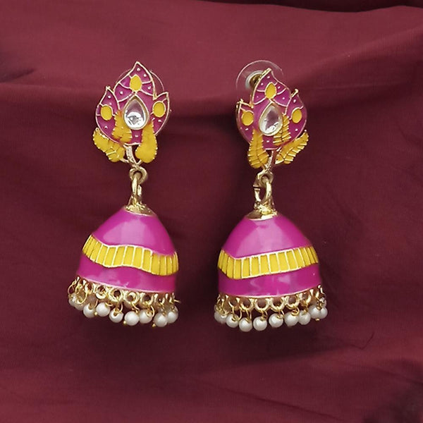 Kriaa Gold Plated Dark Pink Meenakari And Kundan Jhumki Earrings - 1316366G
