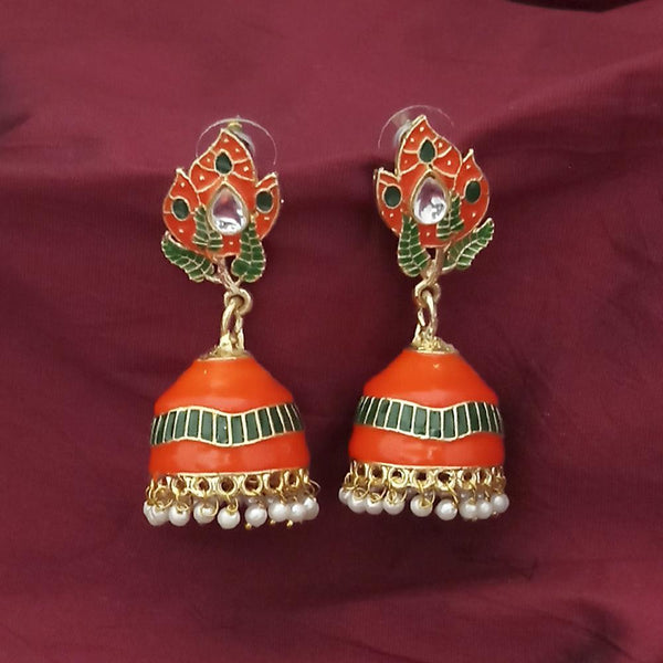 Kriaa Gold Plated Orange Meenakari And Kundan Jhumki Earrings - 1316366H