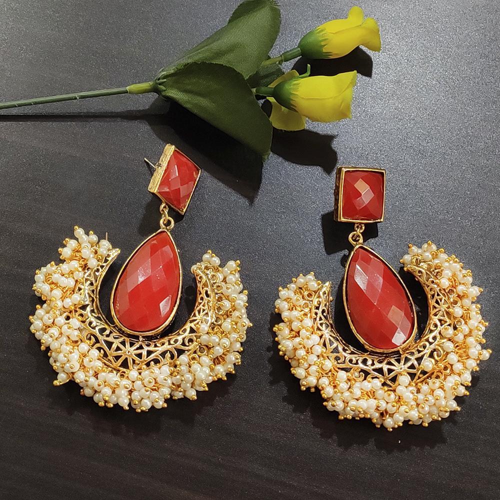 Kriaa Gold Plated Red Stone and Pearl Dangler Earrings - 1316374A