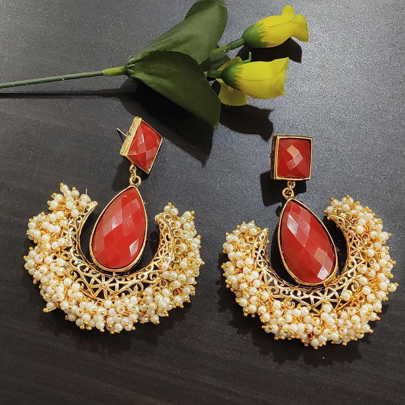 Kriaa Gold Plated Red Stone and Pearl Dangler Earrings - 1316374A