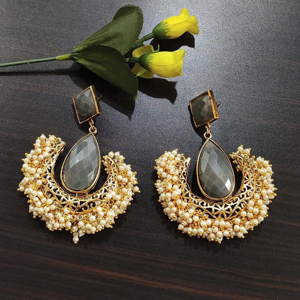 Kriaa Gold Plated Grey Stone and Pearl Dangler Earrings - 1316374I