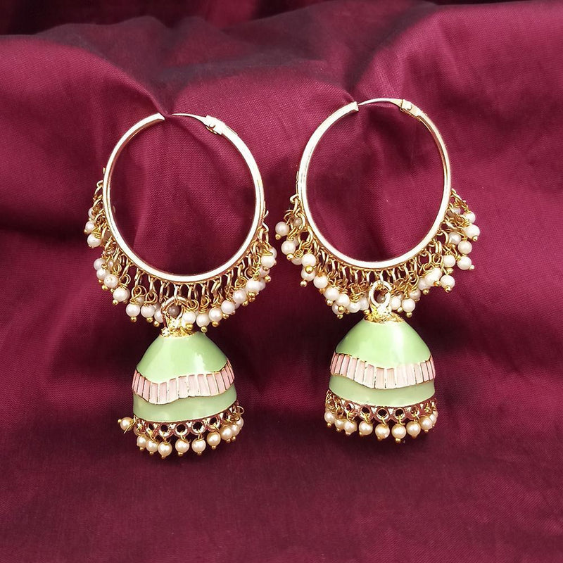 Kriaa Gold Plated Light Green Meenakari And Pearl Jhumki Earrings - 1316376D