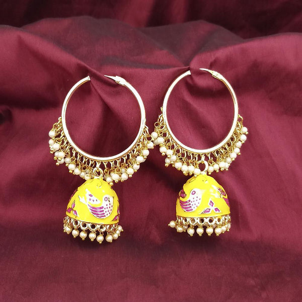 Kriaa Gold Plated Yellow Meenakari And Pearl Jhumki Earrings - 1316377H