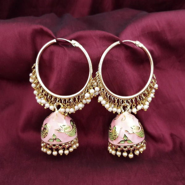 Kriaa Gold Plated Peach Meenakari And Pearl Jhumki Earrings - 1316377J