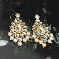 Kriaa Gold Plated Brown Beads And Kundan Dangler Earrings - 1316378A