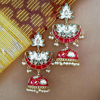 Kriaa Gold Plated Red Meenakari And Kundan Jhumki Earrings - 1316379A