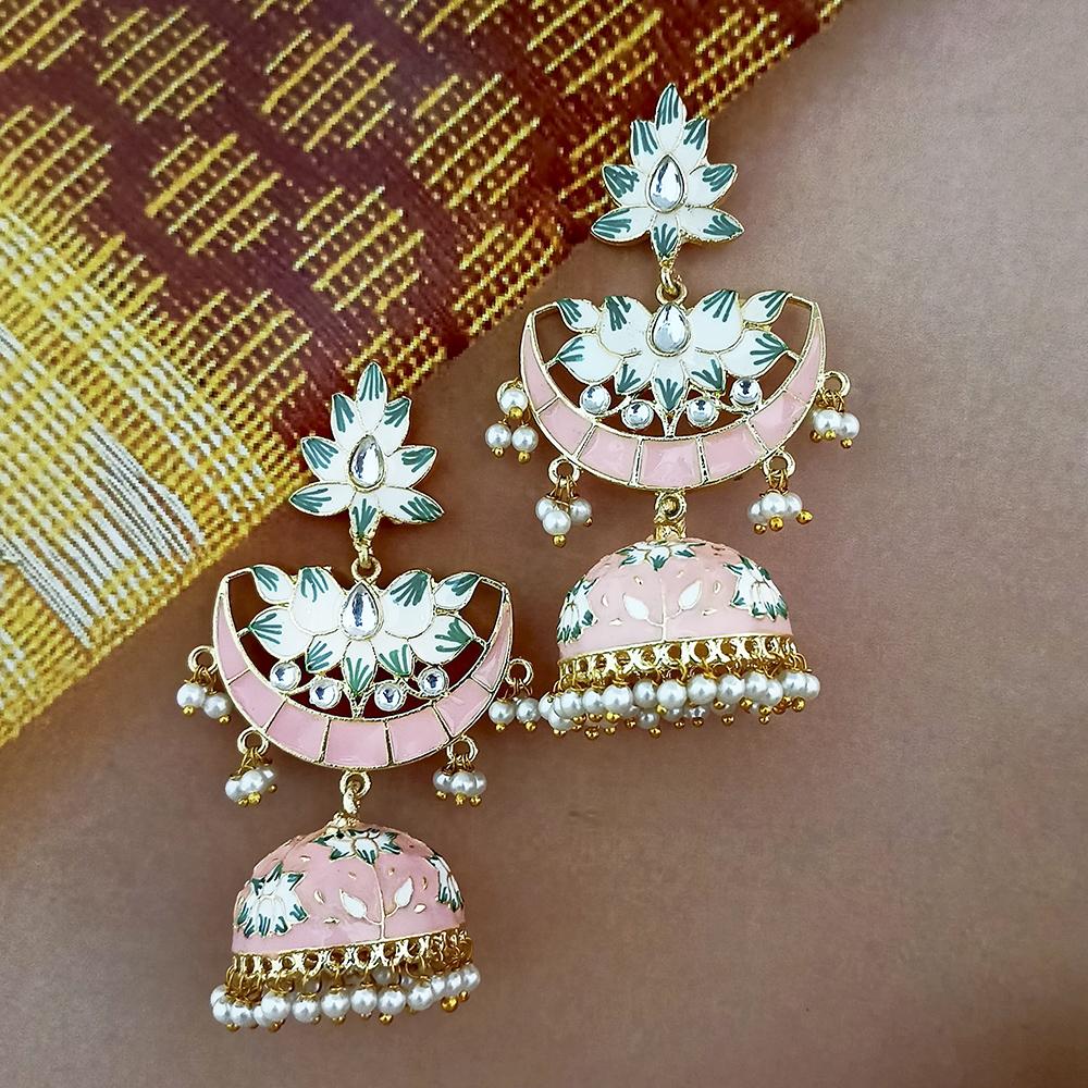 Kriaa Gold Plated Red Meenakari And Kundan Jhumki Earrings - 1316379A