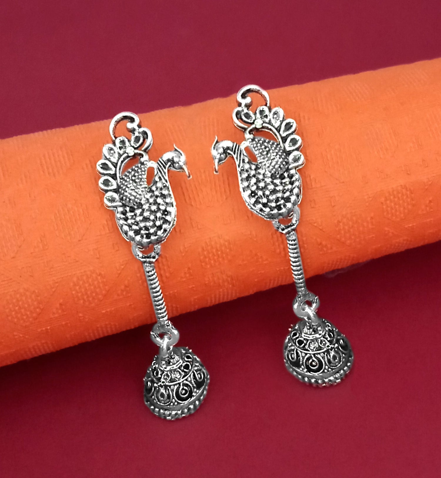 Jeweljunk Oxidised Plated Peacock Jhumki Earrings