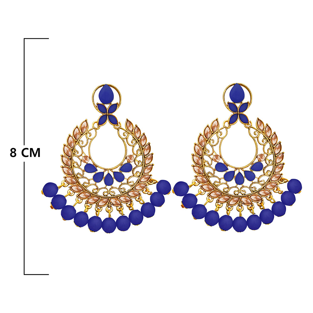 JD Arts Gold Plated Kundan Blue Dangler Earrings