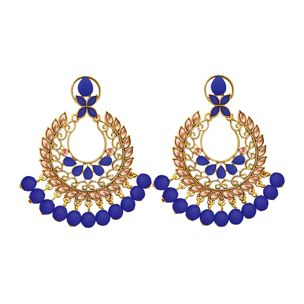 JD Arts Gold Plated Kundan Blue Dangler Earrings