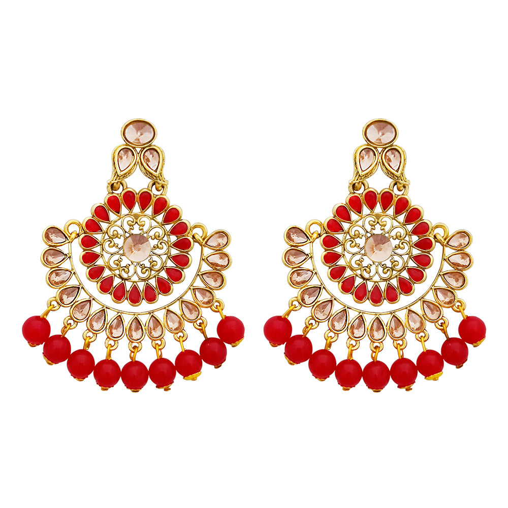 JD Arts Gold Plated Kundan Red Beads Dangler Earrings