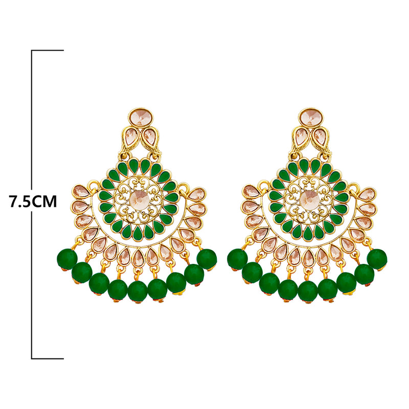 JD Arts Gold Plated Kundan Green Beads Dangler Earrings