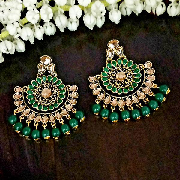 JD Arts Gold Plated Kundan Green Beads Dangler Earrings