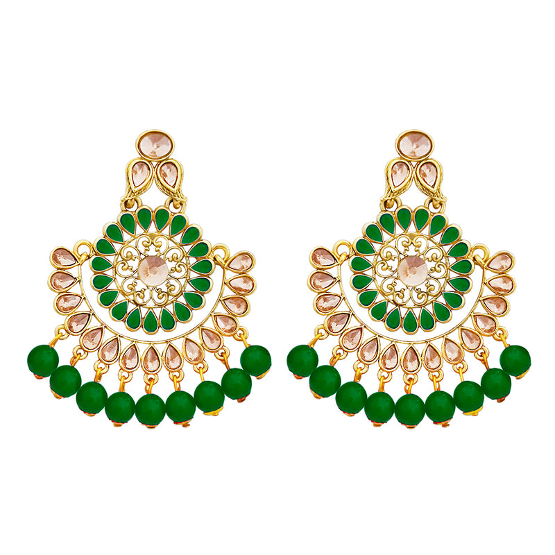 JD Arts Gold Plated Kundan Green Beads Dangler Earrings