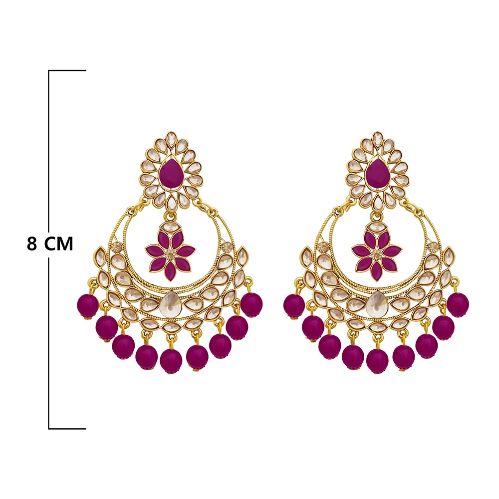 JD Arts Gold Plated Kundan Pink Beads Dangler Earrings