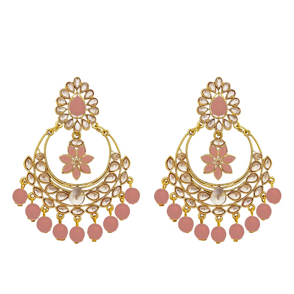 JD Arts Gold Plated Kundan Peach Beads Dangler Earrings