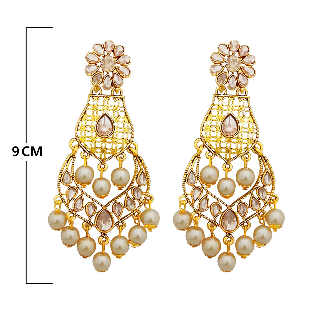 JD Arts Gold Plated White Beads Kundan Stone Dangler Earring