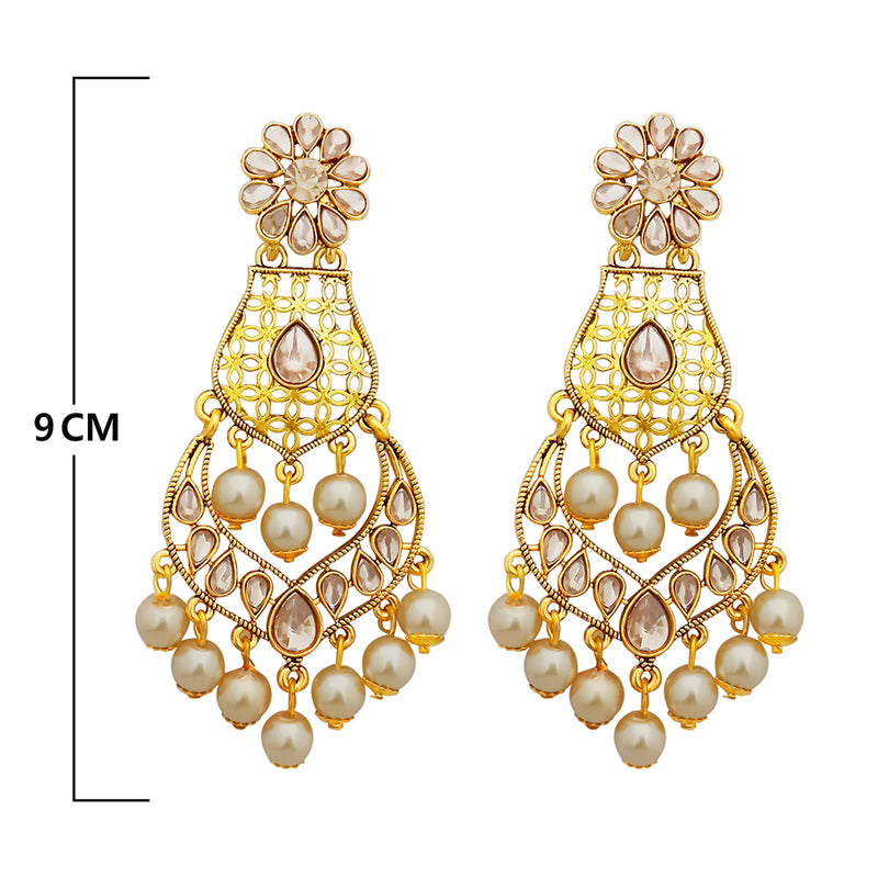 JD Arts Gold Plated White Beads Kundan Stone Dangler Earring