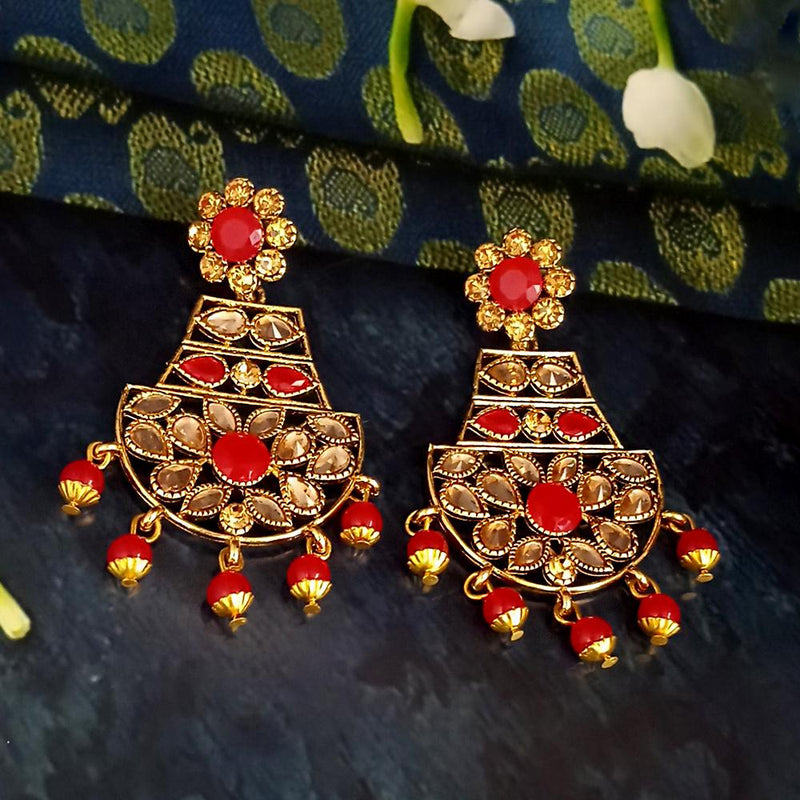 JD Arts Antique Gold Plated Kundan Red Beads Dangler Earrings - 1317623B