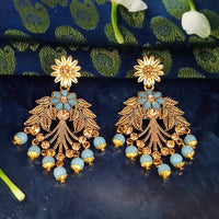 JD Arts Antique Gold Plated Kundan Blue Beads Dangler Earrings