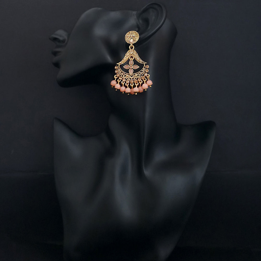 JD Arts Antique Gold Plated Kundan Peach Beads Dangler Earrings