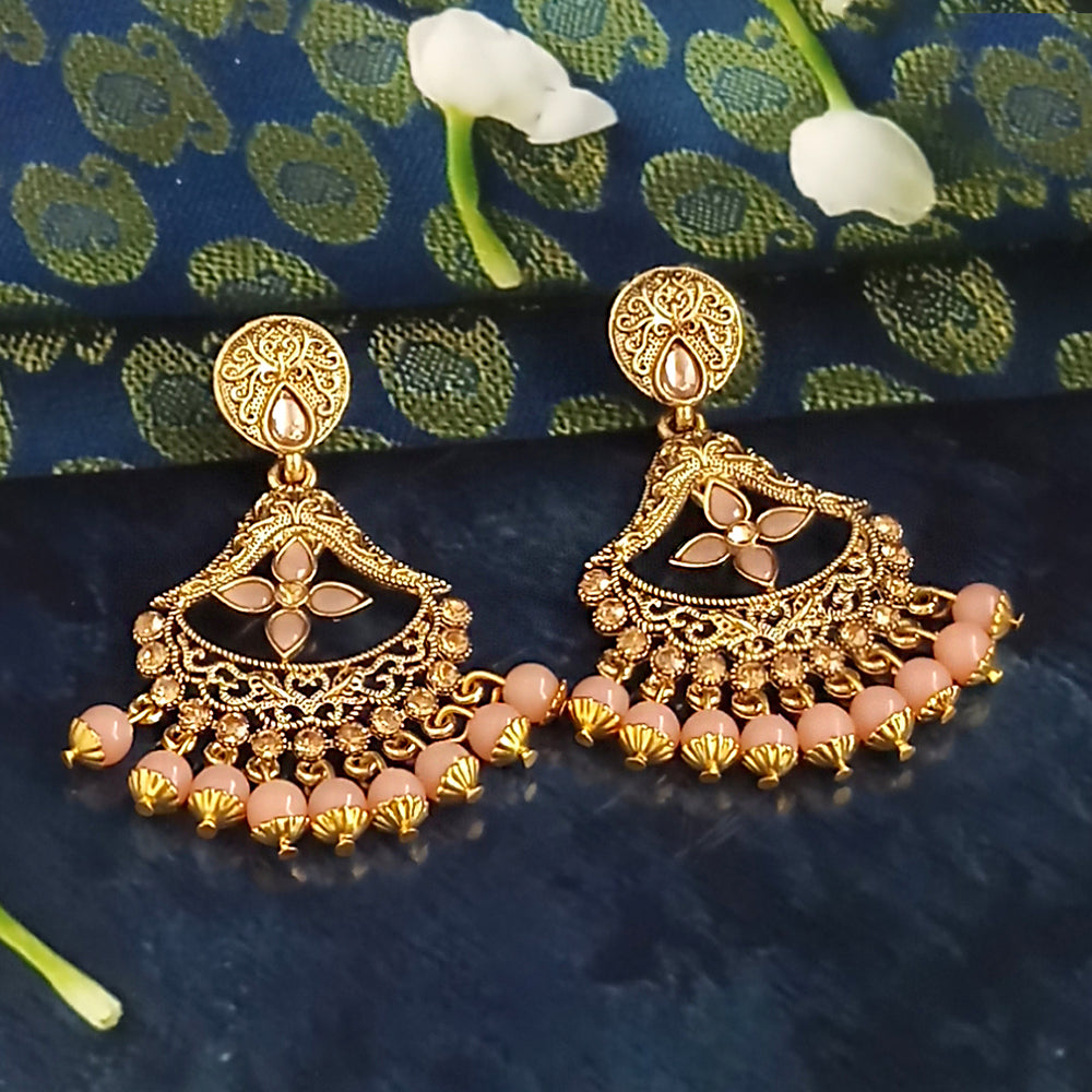 JD Arts Antique Gold Plated Kundan Peach Beads Dangler Earrings