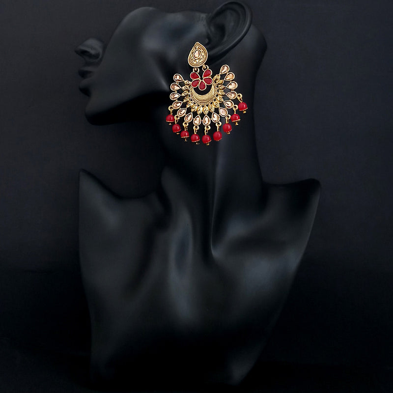 JD Arts Antique Gold Plated Kundan Red Beads Dangler Earrings