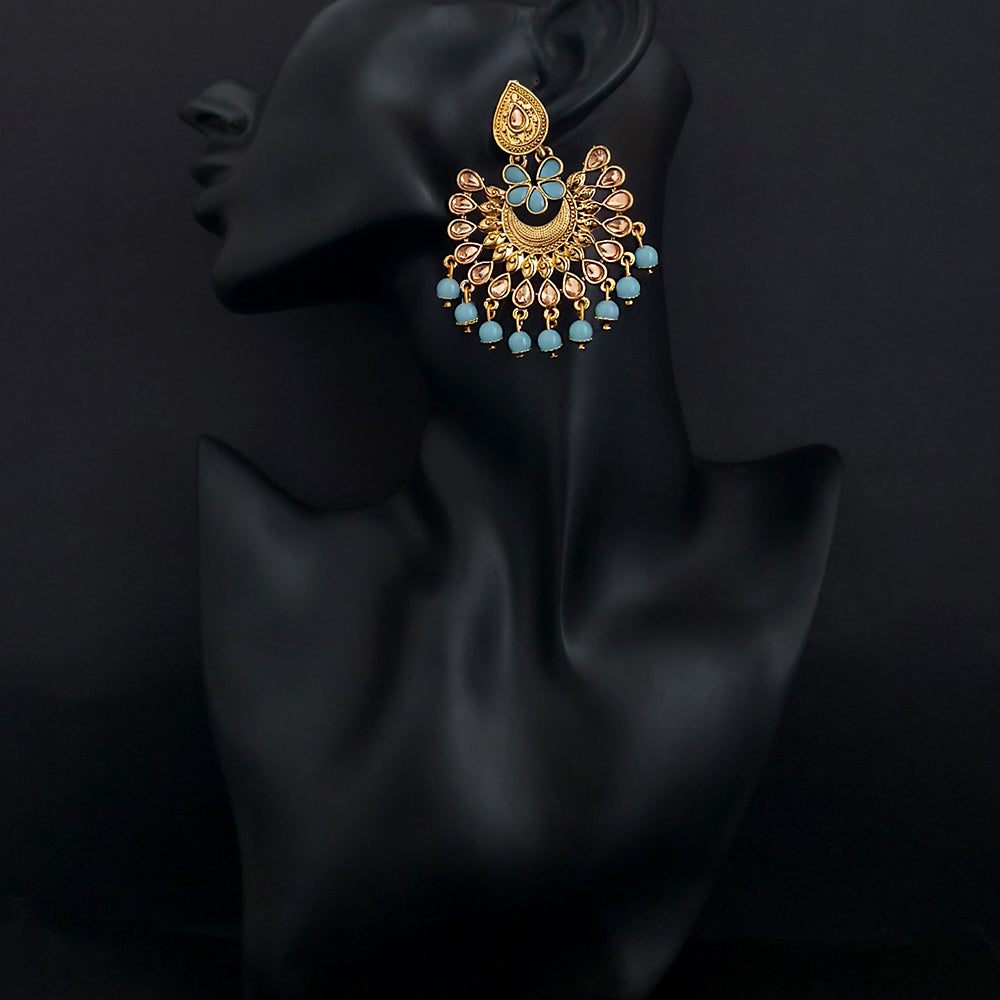 JD Arts Antique Gold Plated Kundan Blue Beads Dangler Earrings