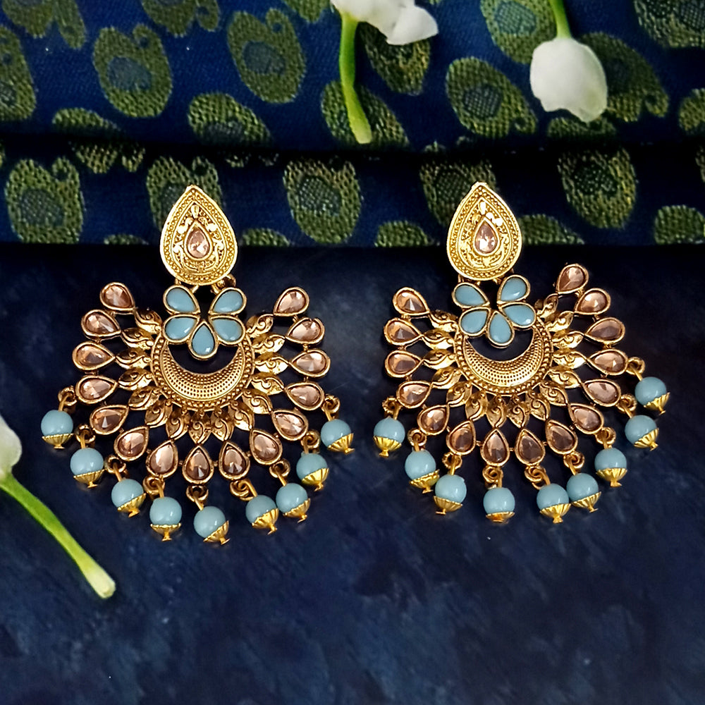 JD Arts Antique Gold Plated Kundan Blue Beads Dangler Earrings