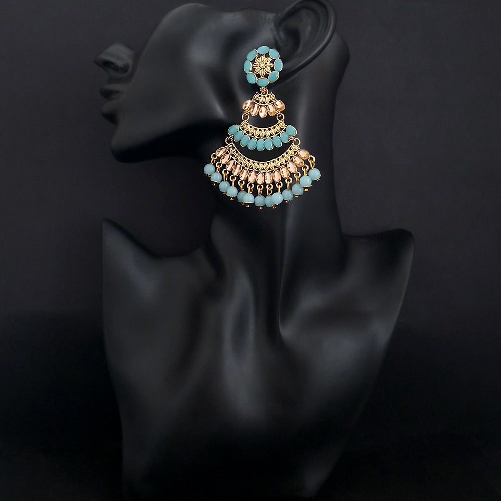 JD Arts Antique Gold Plated Kundan Blue Beads Dangler Earrings