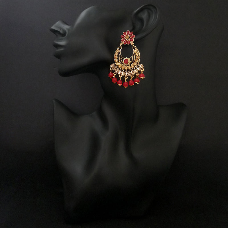 JD Art Gold Plated Red Kundan Dangler Earrings