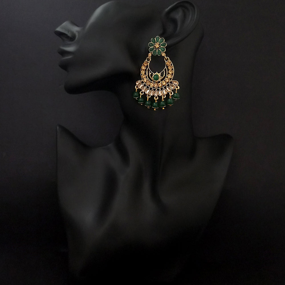 JD Art Gold Plated Green Kundan Dangler Earrings