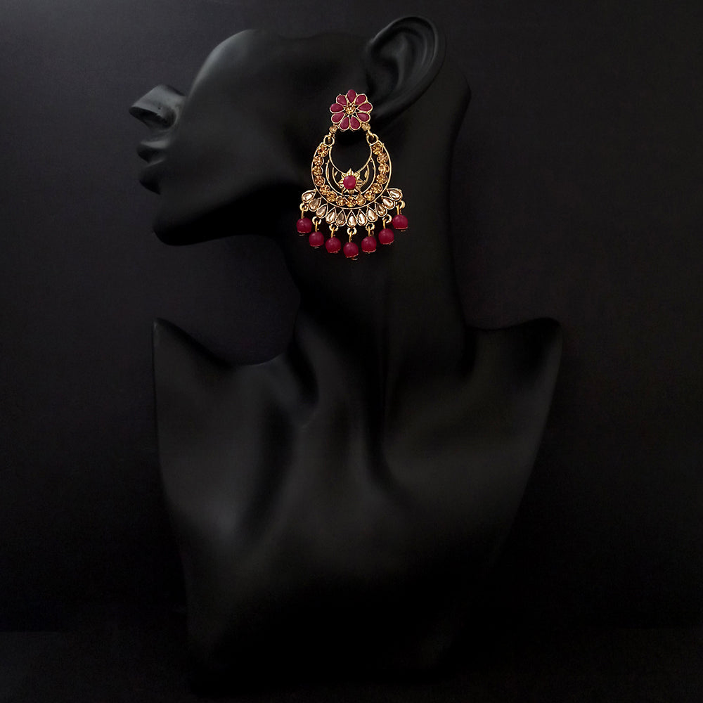 JD Art Gold Plated Pink Kundan Dangler Earrings