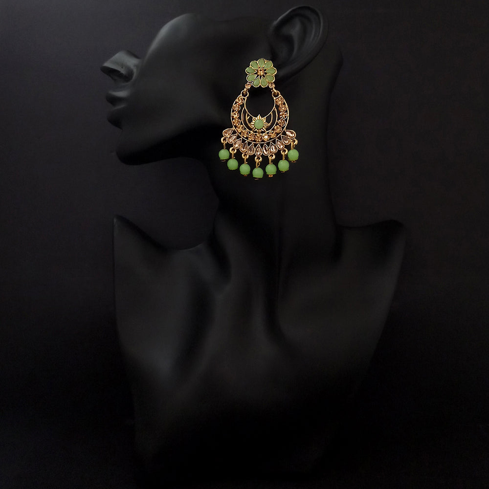 JD Art Gold Plated Green Kundan Dangler Earrings
