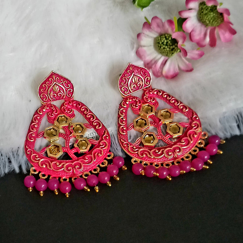 Woma Pink Matte Meenakari Dangler Beads Drop Earrings