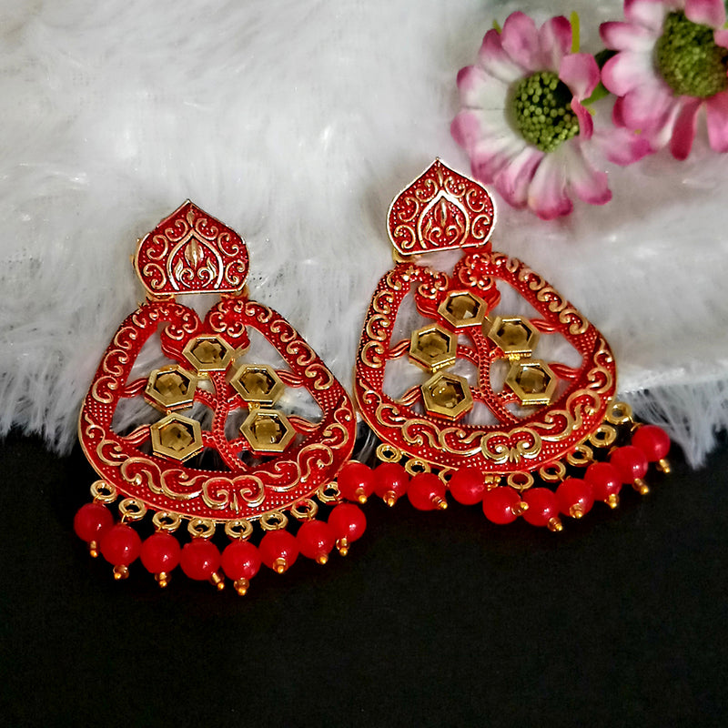 Woma Matte Red Meenakari Dangler Beads Drop Earrings