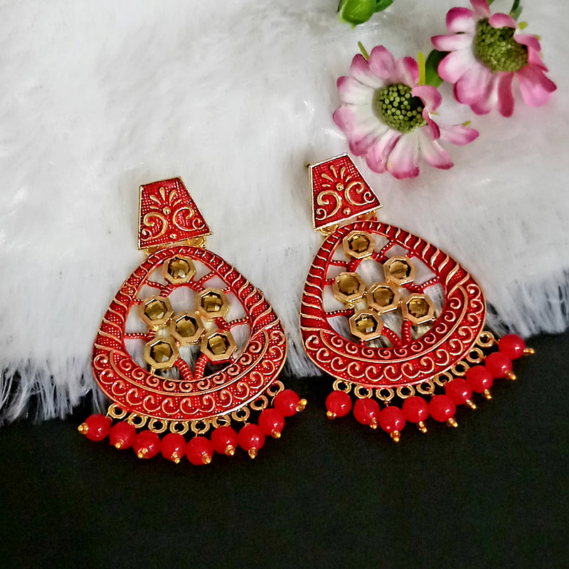 Woma Matte Red Meenakari Dangler Beads Drop Earrings