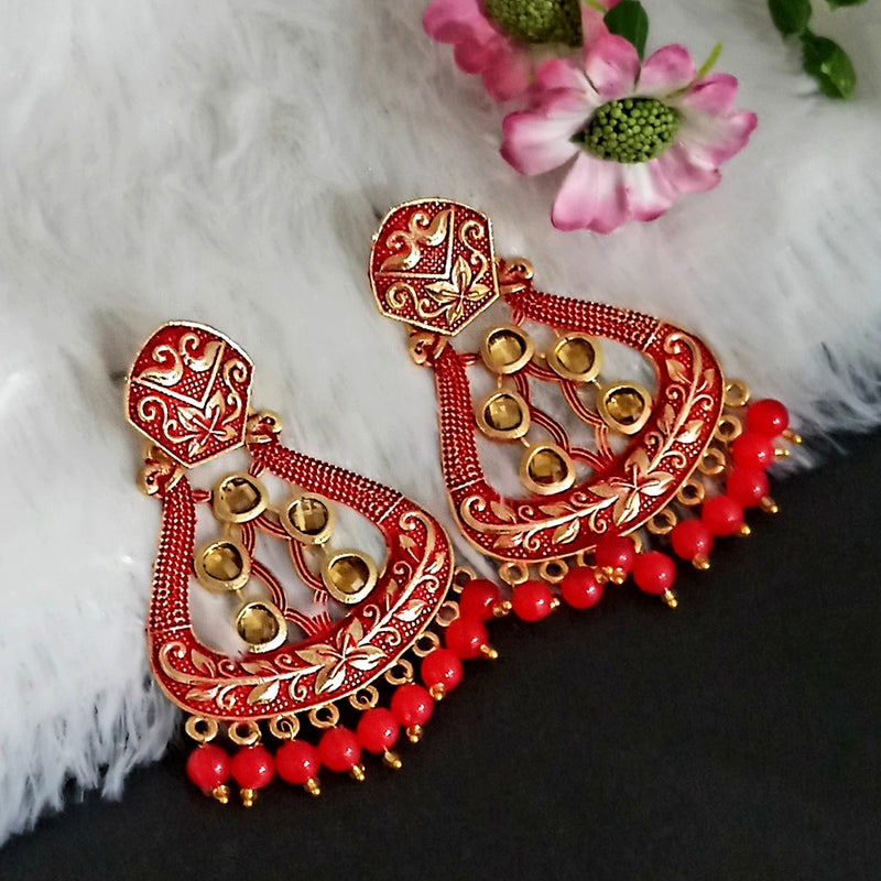 Woma Matte Red Meenakari Dangler Beads Drop Earrings